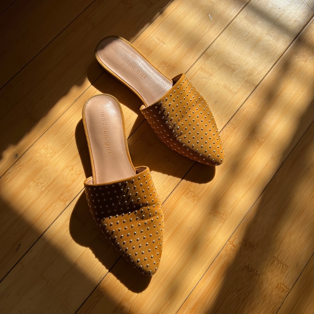 Pointed Toe Studded Flat Slip-On Mule, Ochre Suede